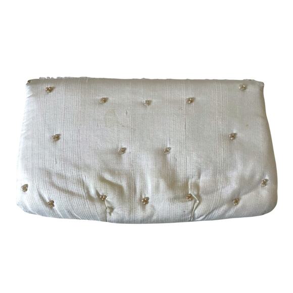 Vintage 1950s Soure Beaded Envelope Clutch Bag Silk 3D Roses Cream Pink GUC - Picture 2 of 11